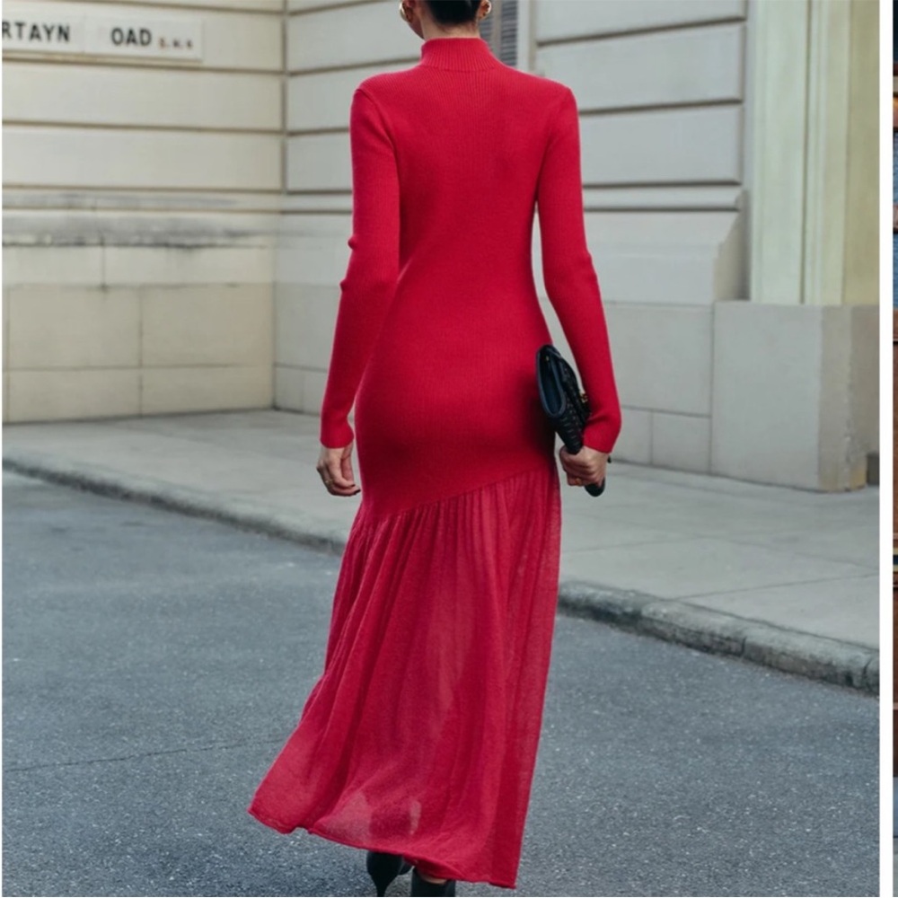 SOLD Commense Mock Vibrant Red  Ribbed Knit Dress with Sheer Bottom Asymmetrical - Picture 5 of 6